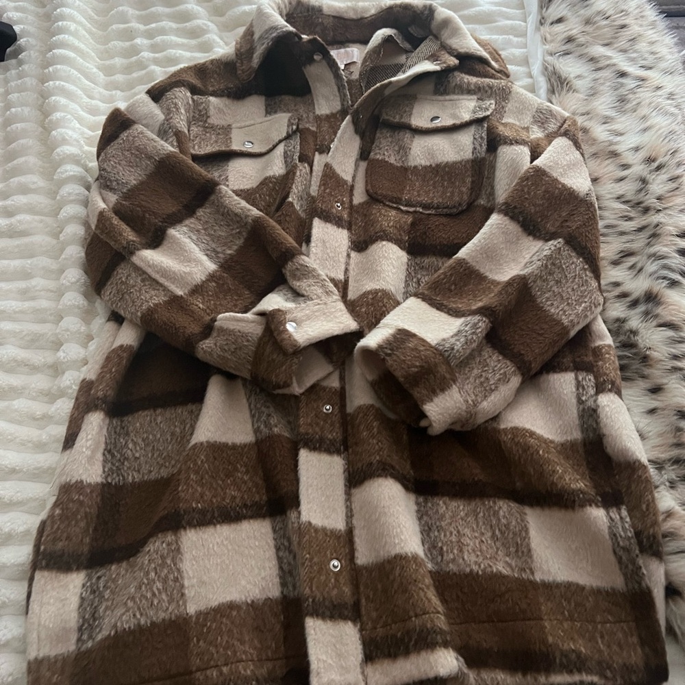 Brown & Cream Plaid Women's Shacket Jacket